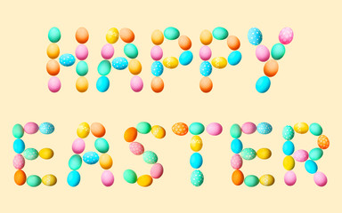 Text HAPPY EASTER made of eggs on color background