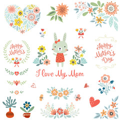Naklejka premium Mother's Day collection with typographic design elements. Cute bunny, flowers, branches, wreath, floral heart, butterflies, plant pots and vases. Vector illustration.