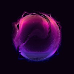 Abstract vector violet colorful mesh sphere on dark background. Futuristic style card. Elegant background for business presentations. Corrupted point sphere. Chaos aesthetics.