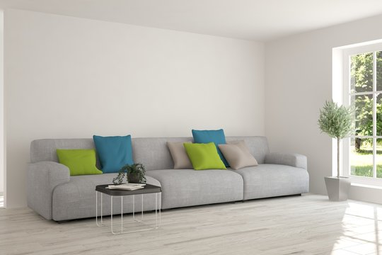 White room with sofa and green landscape in window. Scandinavian interior design. 3D illustration