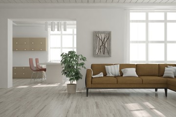 White modern room with sofa. Scandinavian interior design. 3D illustration