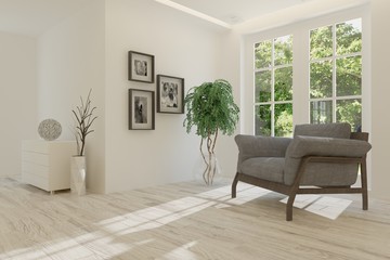 White room with armchair and green landscape in window. Scandinavian interior design. 3D illustration