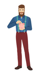 Hipster putting a coin into piggy bank