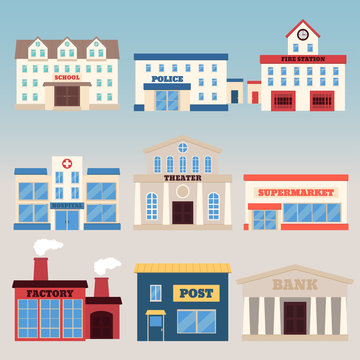 Buildings icon set. Vector illustration in flat style