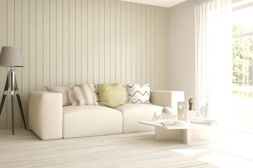 White modern room with sofa. Scandinavian interior design. 3D illustration