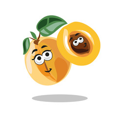 Fun cartoon apricot fruit character with leaf, happy smile mother and child