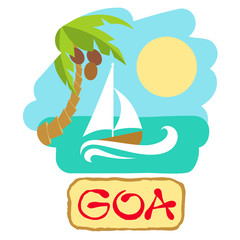 Tropical island with palm tree and boat. Vector illustration icon for traveling.