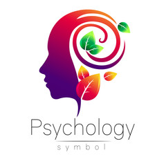 Modern head Logo sign of Psychology. Profile Human. Green Leaves. Creative style. Symbol in vector. Design concept. Brand company. Violet color isolated on white background. Icon for web, logotype.