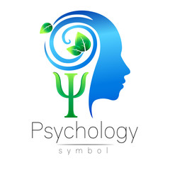 Modern head Logo sign of Psychology. Profile Human. Green Leaves. Letter Psi . Symbol in vector. Design concept. Brand company. Blue color isolated on white background. Icon for web, logotype.