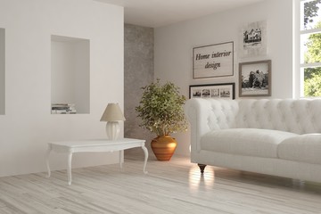 White room with sofa and green landscape in window. Scandinavian interior design. 3D illustration