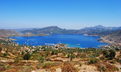 Fototapeta na wymiar View over Selimiye village and Selimiye bay on Bozburun peninsula near Marmaris resort town in Turkey.