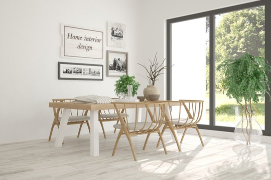 White dinner room with green landscape in window. Scandinavian interior design. 3D illustration