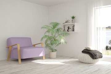 White modern room with armchair. Scandinavian interior design. 3D illustration