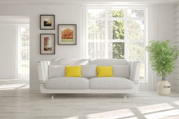 White room with sofa and green landscape in window. Scandinavian interior design. 3D illustration