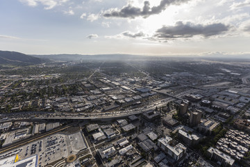 Aerial view of downtown Burbank and the Golden State 5 Freeway near Los Angeles, California.