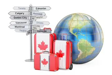 Fotobehang Canada travel concept. Suitcases with Canadian flag, signpost and Earth globe. 3D rendering © alexlmx