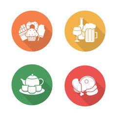 Grocery store products. Flat design long shadow icons set