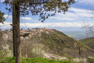 Fototapeta na wymiar Красивый вид на горную долину, панорама, холмы, солнечная погода, природа Северного Кавказа, Грузия