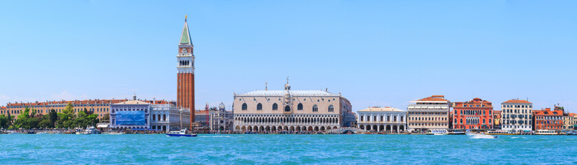 Fototapeta na wymiar Panoramic cityscape beautiful ancient town. Venice, laguna view on Piazza San Marco with Campanile, Doge Palace. Venice, Italy.