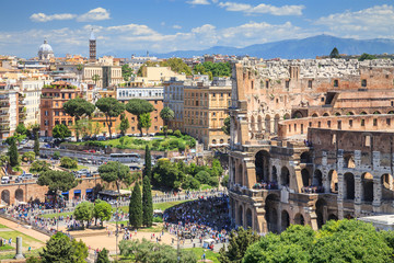 Naklejka na ściany i meble Aerial view of Colosseum square in Rome, Italy. Rome architecture and landmark. Rome Colosseum is one of the main attractions of Rome and the world.