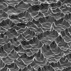 Vector striped grayscale background. Abstract line waves. Sound wave oscillation. Funky curled lines. Elegant wavy texture. Surface distortion. Black and white.