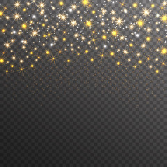 Gold glitter sparkles on transparent background. Vector golden dust texture. Twinkling confetti, shimmering star lights. Vector illustration.