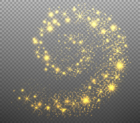 Gold shine stars lights swirl on transparent background. Vector illustration.
