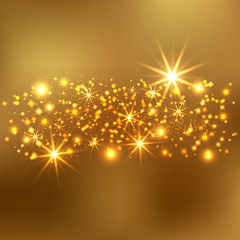 Gold glitter sparkles background. Vector golden dust texture. Twinkling confetti, shimmering star lights.