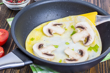 Fried eggs with mushrooms in frying pan
