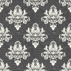 Vector damask seamless pattern background with ancient text. Classical luxury old fashioned damask ornament, royal victorian seamless texture for wallpapers, textile. Exquisite floral baroque template