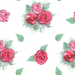 Watercolor pattern with roses on white background