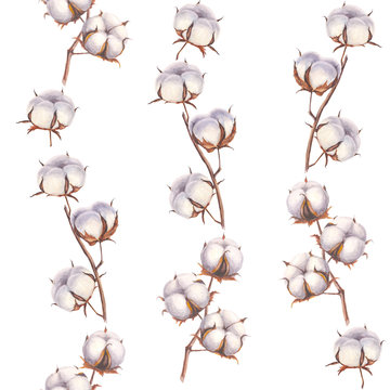 Watercolor cotton branches seamless pattern on white background
