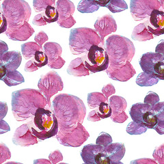 Watercolor orchid flowers seamless pattern on white background