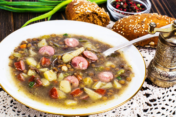 Homemade lentil soup with cabbage