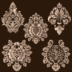 Vector set of damask ornamental elements. Elegant floral abstract elements for design. Perfect for invitations, cards etc.