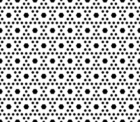 Vector monochrome texture, black & white geometric seamless pattern with different sized hexagons, repeat hexagonal grid. Stylish modern geometrical background. Design for prints, textile, digital