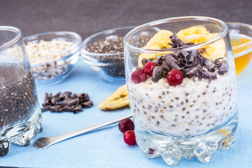 Oatmeal with chia seeds, cranberries and chocolate