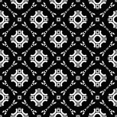 Black and white geometric background. Stylish design in Arabian style, traditional motif. Vector monochrome seamless pattern. Round lattice, floral figures, repeat tiles. Texture for print, decor, web