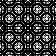 "Black and white geometric texture. Stylish design in Arabian style, traditional motif in modern digital  rendition. Vector monochrome seamless pattern. Rounded lattice, floral figures, square image "