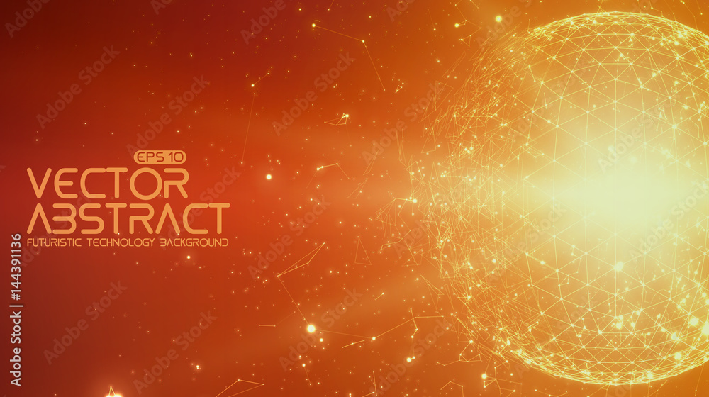 Poster abstract vector space orange background. chaotically connected points and polygons flying in space. 