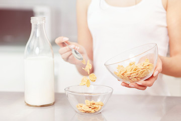Breakfast of oak flakes and milk.