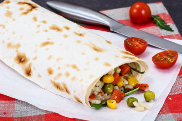 Lavash with vegetarian stuffing-vegetables and rice