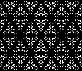 Vector monochrome seamless pattern, subtle geometric digital texture with thin floral figures, snowflakes. Abstract black & white background. Stylish dark design for decor, tileable print, fabric, web