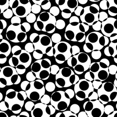 Vector monochrome texture, black & white seamless pattern with chaotic overlay circles, dots, spots. Illusive repeat abstract background. Contrast design element for decor, print, textile, wrapping