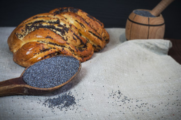 Poppy seeds in a brown wooden spoon
