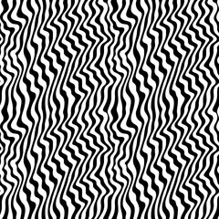 Vector monochrome texture, black & white seamless pattern, abstract curved lines. 3D visual effect, illusion of movement. Dynamical wavy stripes, rippled background. Modern stylish design, pop art 