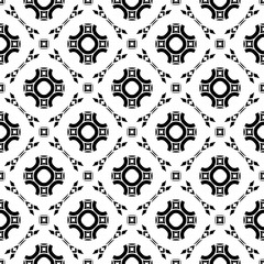 Black and white geometric background. Stylish design in Arabian style, traditional motif. Vector monochrome seamless pattern. Round lattice, floral figures, repeat tiles. Texture for decor, textile