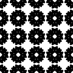 Vector seamless pattern. Simple monochrome floral texture. Geometric grid, square symmetric illustration. Black flat flowers on white backdrop. Design element for tileable print, textile, embossing