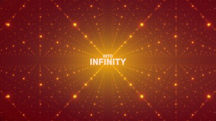 Vector infinite space background. Matrix of glowing stars with illusion of depth, perspective. Geometric backdrop with point array as lattice. Abstract futuristic universe on orange background.