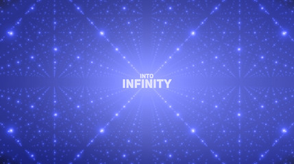 Vector infinite space background. Matrix of glowing stars with illusion of depth, perspective. Geometric backdrop with point array as lattice. Abstract futuristic universe on blue background.